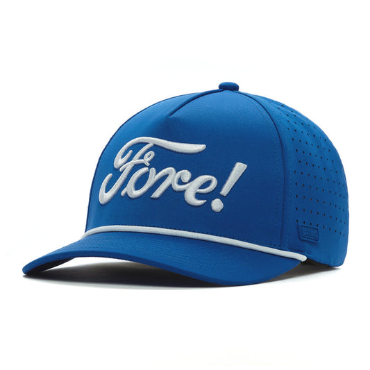 The Fore! - Performance Golf Rope Hat is a blue snapback with "Fore!" embroidered in large white script, ventilation holes, a curved brim with a white accent, sweat stain resistance, and made from performance material. Plain white background.