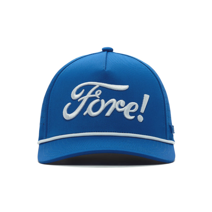 The Fore! - Performance Golf Rope Hat - Snapback features blue fabric with white piping, bold “Fore!” cursive embroidery, sweat stain resistant material, and an adjustable snapback for comfort. Hat is shown on a white background.