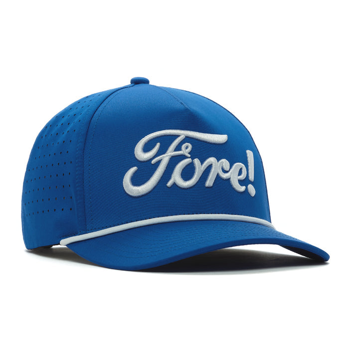 The Fore! Performance Golf Rope Hat - Snapback is a bright blue cap with white piping, "Fore!" embroidered in white script, sweat stain resistant fabric, ventilation holes, and a curved visor.