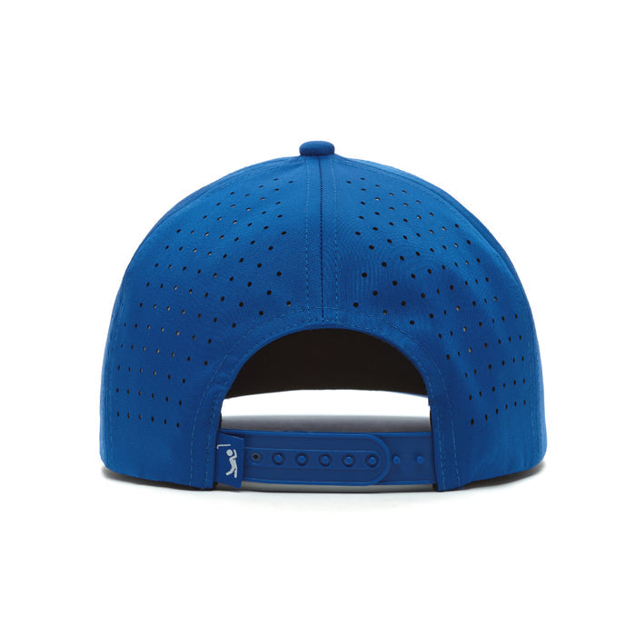 The Fore! Performance Golf Rope Hat is a blue snapback made with comfort performance material, featuring perforated holes for ventilation, a sweat-resistant adjustable strap with round notches, and a small white logo on the left.