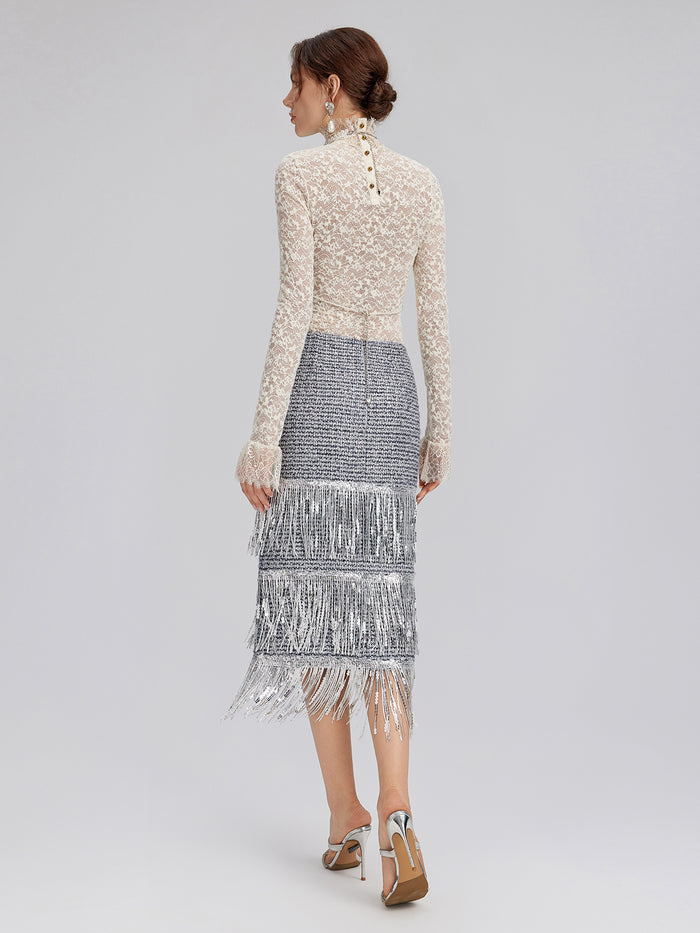 French Sequin Fringe Tweed Skirt