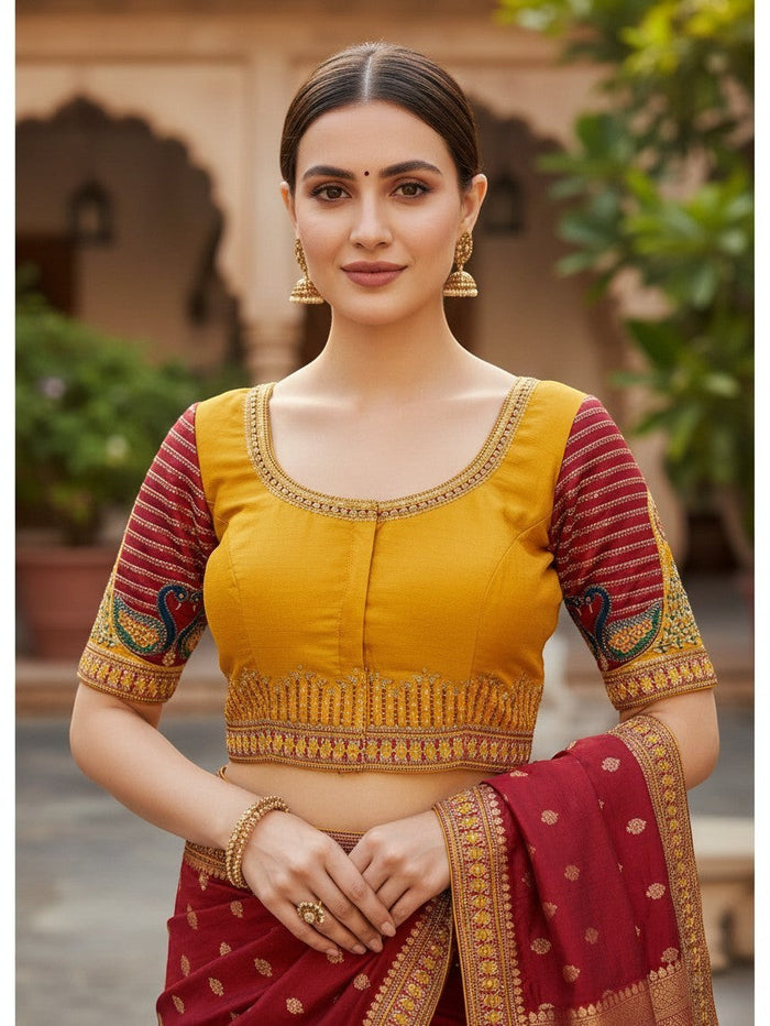 Kurti Connection USA mustard yellow padded blouse with front hooks, embroidered sleeves, and peacock motifs
