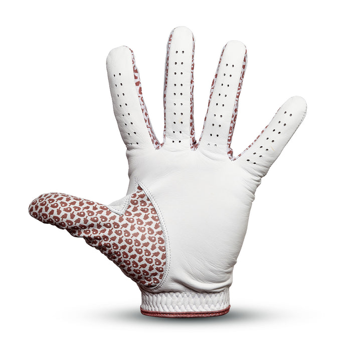The Get In The Hole - Glove is a white Cabretta Leather golf glove with small perforations, bold brown and white leopard print accents on the thumb and inside edge, and a precision fit, shown palm up against a white background.