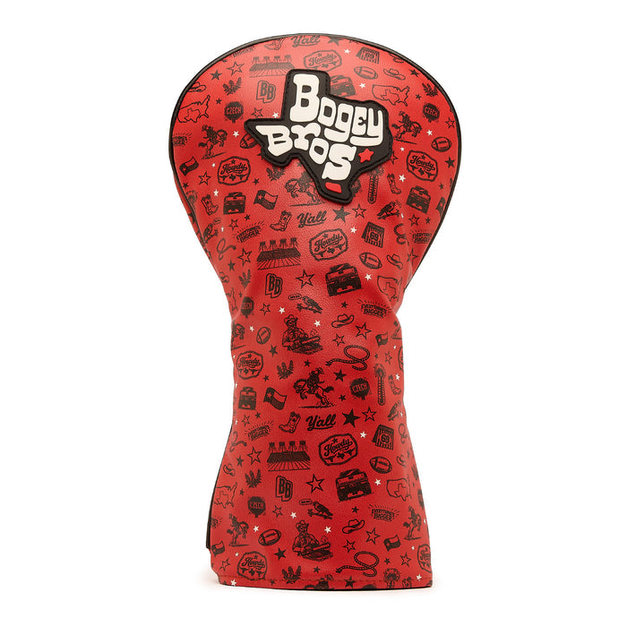 Introducing the Get Wreck’d - Driver Headcover: a striking red driver cover crafted from premium PU leather and adorned with bold, black cartoon-style illustrations and doodles. “Bogey Bros” is prominently displayed in large, white lettering across the top, while vibrant embroidery showcases playful icons like stars, golf balls, and whimsical motifs all over its surface.