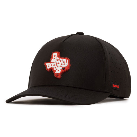A black baseball cap with a red and white patch shaped like Texas on the front, displaying the words “Bogey Bros.” Small ventilation holes on the side panel and a small tag reading “BOGEY BROS” are visible on the side.