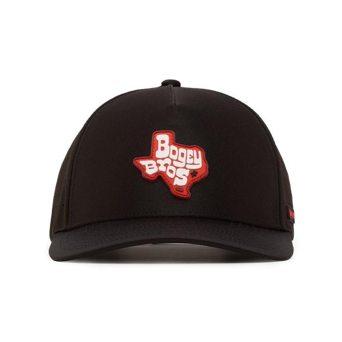 A black baseball cap shown from the front, featuring a red patch shaped like Texas with the words Boogy Bros in white letters on the front panel. The cap has a flat brim and a structured crown.