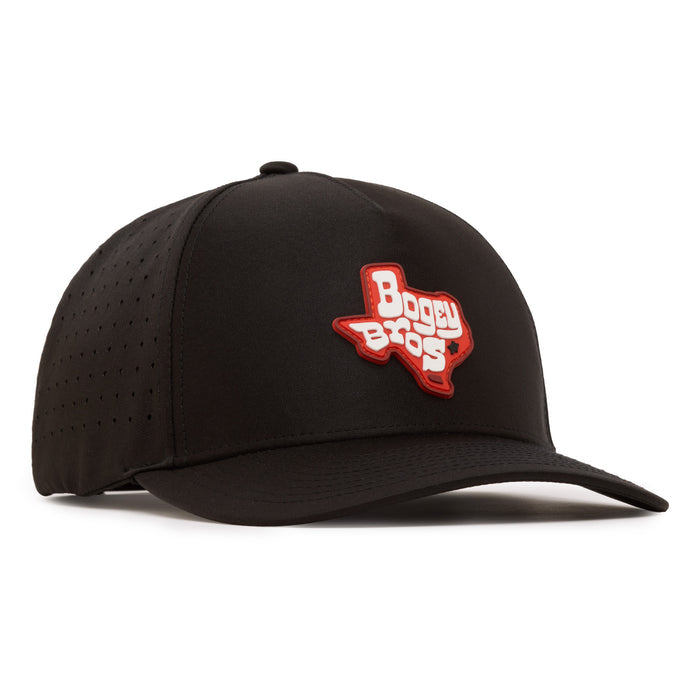 Black baseball cap with a red and white patch in the shape of Texas on the front, displaying the words “Bogey Bros.” The cap has small ventilation holes on the side panels and a curved bill.