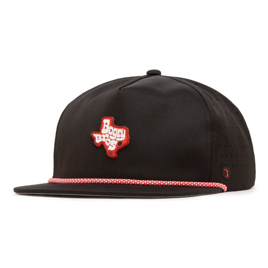 A black baseball cap with a flat brim and red-and-white rope detail on the edge. The front features a red Texas-shaped patch with Bogey Bros in white letters. The sides have small ventilation holes, and a small red logo is near the brim’s edge.