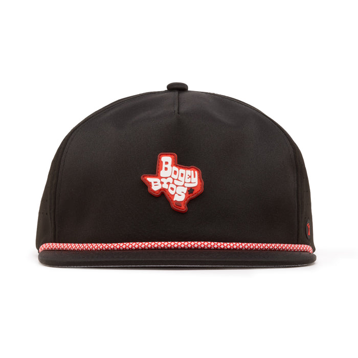 A black baseball cap with a red and white braided trim along the brim. The front features a red Texas-shaped patch with white text reading Boggy Bros. The background is plain white and the cap is viewed from the front.