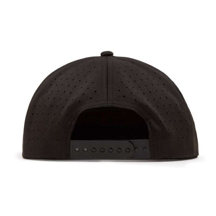 A black baseball cap viewed from behind, featuring an adjustable snapback closure and small ventilation holes covering the back panel. The cap is set against a plain white background.