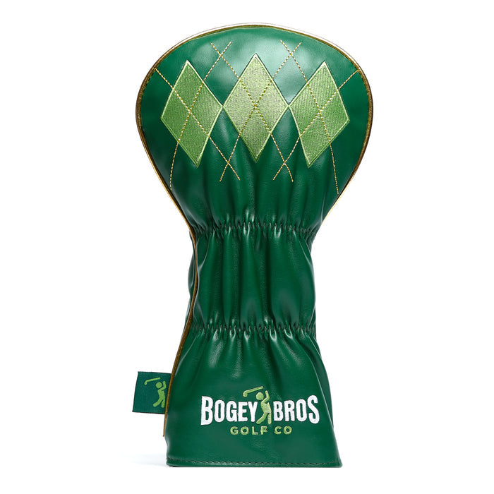 The Gettin' Lucky - Driver Headcover is a premium green PU leather cover with light green and gold diamond embroidery, gold stitching, and "Bogey Bros Golf Co" plus a white golf silhouette logo on the lower front.