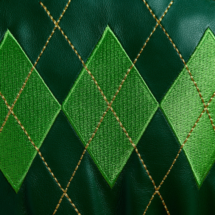 Close-up of the Gettin' Lucky - Driver Headcover, crafted from premium PU leather. It features a dark green fabric with bright green embroidered argyle diamonds and thin gold lines, forming a textured geometric pattern.
