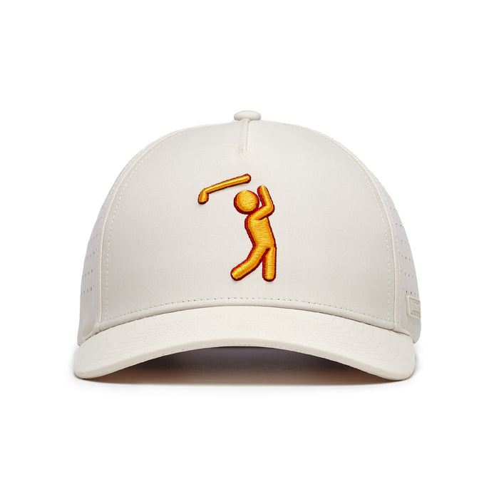 The Glizz Reaper Performance Golf Hat is a beige snapback with an embroidered orange figure swinging a golf club on the front. Made from performance material, it features side ventilation holes, a fabric button top, and a sporty design.