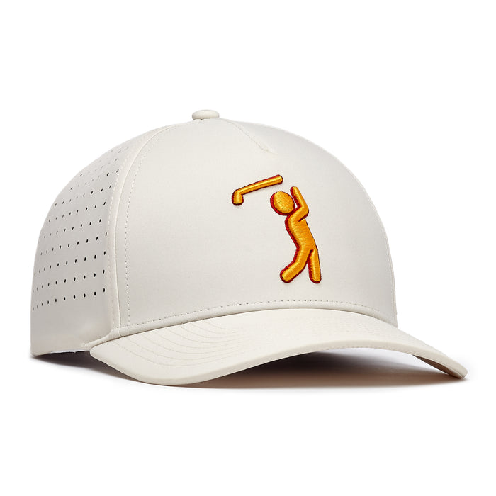 The Glizz Reaper Performance Golf Hat is a light beige snapback with a curved brim, featuring a yellow and orange embroidered golf figure on the front. Made from performance material with small ventilation holes for breathability.