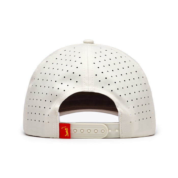 Back view of the Glizz Reaper Performance Golf Hat features a white snapback design with ventilation holes, sweat stain resistant material, adjustable closure, and a small red tag with a white golfer silhouette on the strap’s left side.