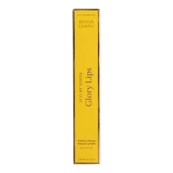 Yellow box of Glory Lips lip balm with branding on a white background