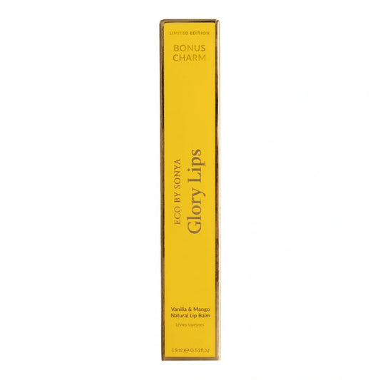 Yellow box of Glory Lips lip balm with branding on a white background