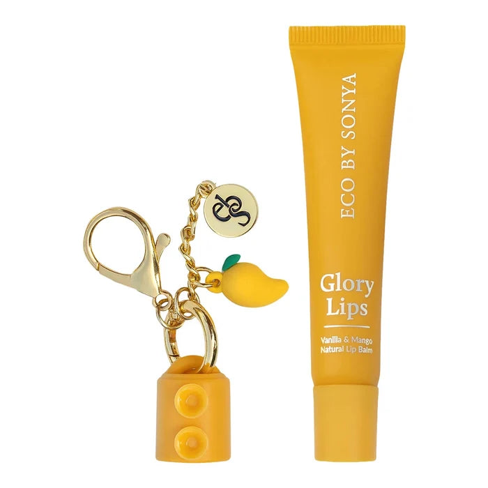 Yellow lip balm tube and keychain with 'ECO BY SONYA' branding on a white background