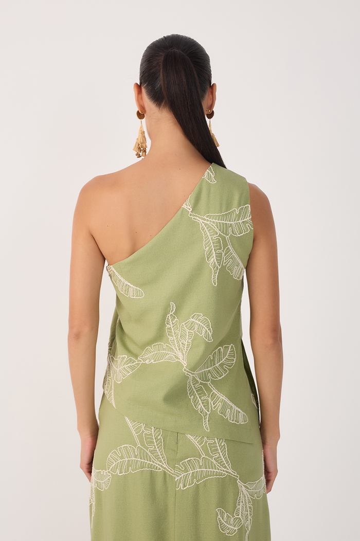 Green Embroidered One-Shoulder Blouse_5