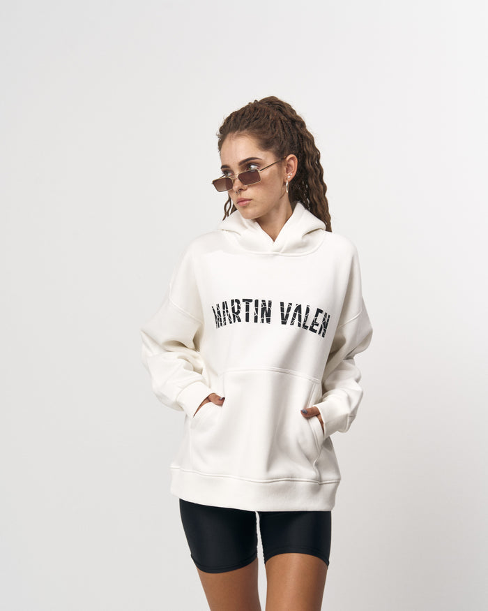 Grieto MV Crack Print White Oversized Designer Hoodie
