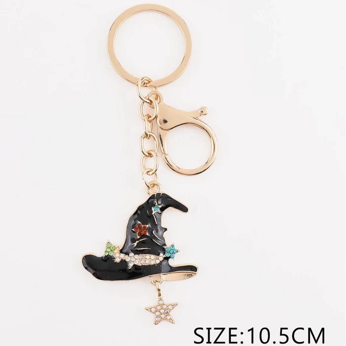 Halloween Enamel Witch Hat Keychain with Rhinestone Star Charm – Gold Spooky Bag Charm & Keyring (10.5 cm) (QE3229)
