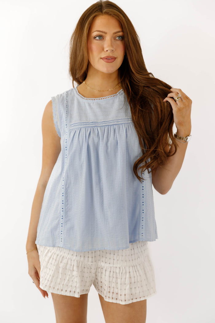 Light Blue Sleeveless Cotton Blouse - Blue Eyelet Detailed Top - Jodifl Cotton Light Blue Tank
