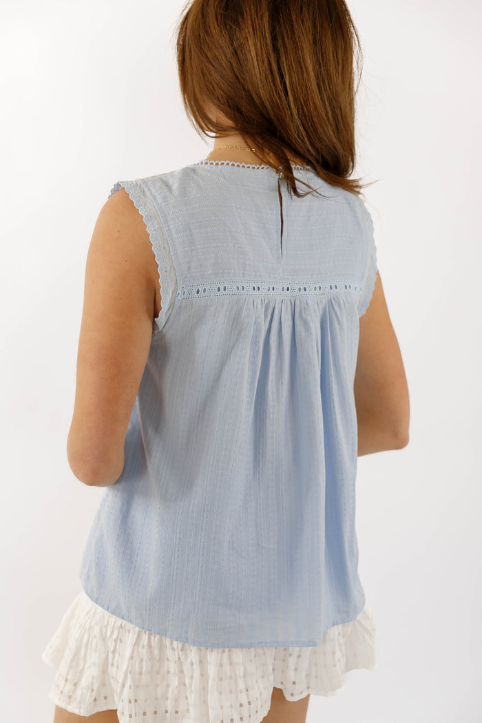 Light Blue Sleeveless Cotton Blouse - Blue Eyelet Detailed Top - Jodifl Cotton Light Blue Tank