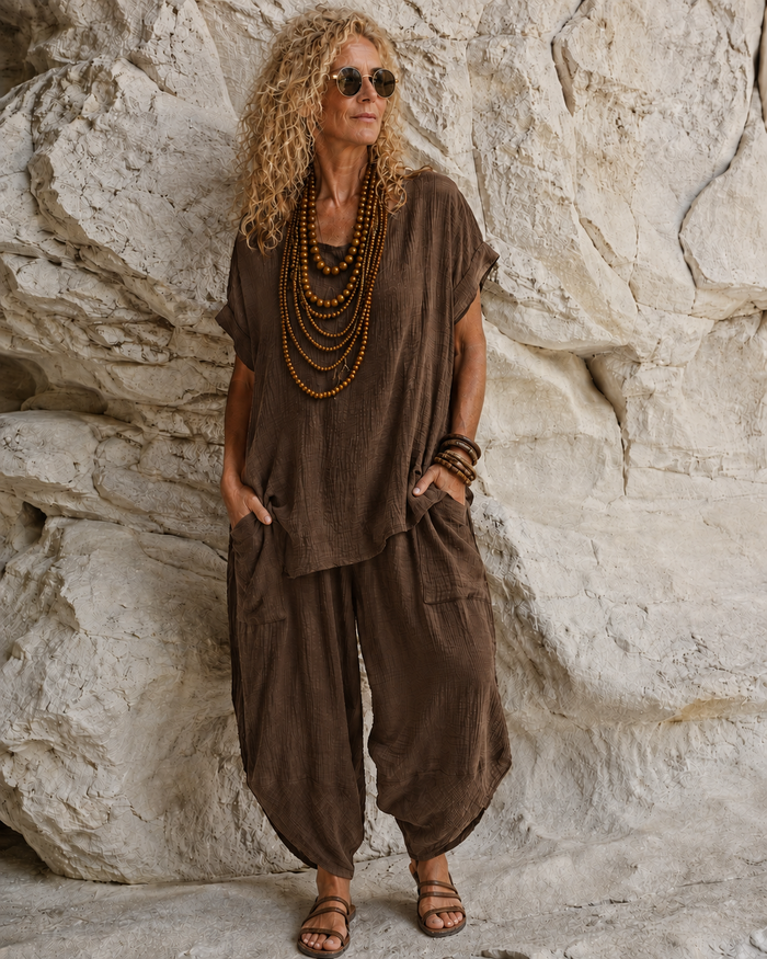 Havana Crinkle Trouser Co Ord Chocolate