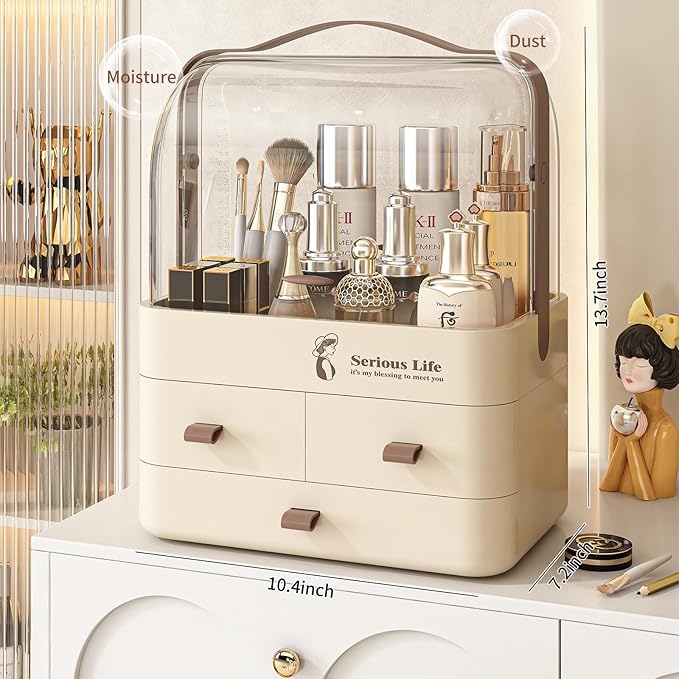 HD635 - Makeup storage box with lid cream white 3 drawers