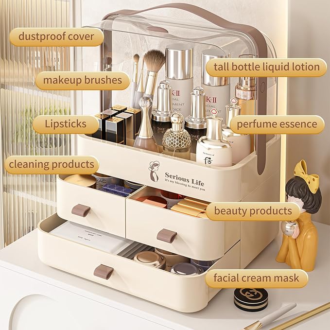 HD635 - Makeup storage box with lid cream white 3 drawers