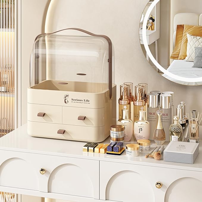 HD635 - Makeup storage box with lid cream white 3 drawers