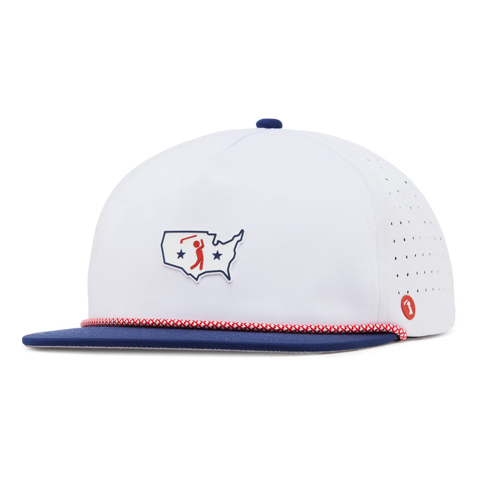 A white baseball cap with a blue brim and a red-white braided trim. The front features an outline of the U.S. with two stars and a red golfer icon. The side has small ventilation holes and a small red circular logo.