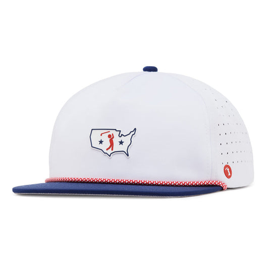 A white baseball cap with a blue brim and a red-white braided trim. The front features an outline of the U.S. with two stars and a red golfer icon. The side has small ventilation holes and a small red circular logo.