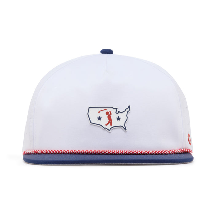 A white baseball cap seen from the front, featuring a blue outline of the contiguous United States with a red silhouette of a golfer in the center, two navy stars, a blue brim, and a red-and-white braided trim above the brim.