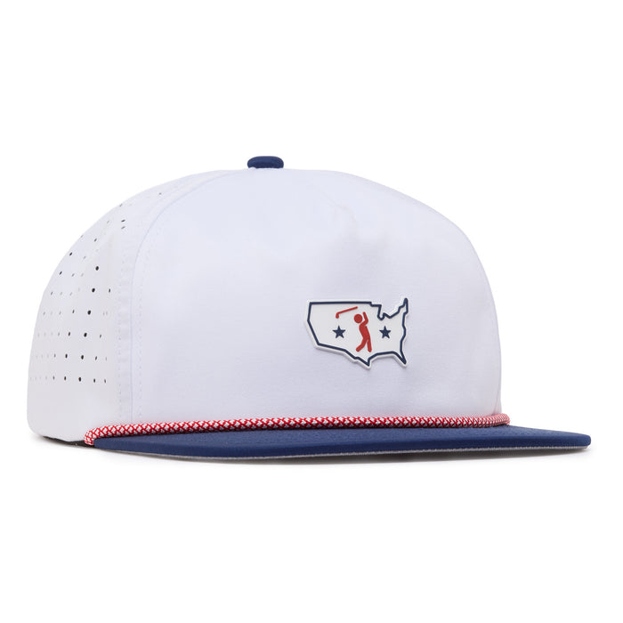 A white snapback cap with a blue flat brim, red and white braided detailing above the brim, and a perforated back. The front features a patch shaped like the U.S. map with a stylized red golfer and two blue stars.