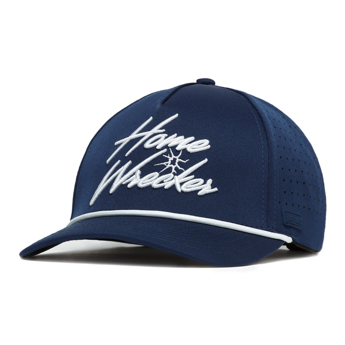 The Home Wrecker - Performance Golf Rope Hat is a navy blue snapback with white “Home Wrecker” cursive embroidery, crack design, and rope detail. Made from sweat-stain resistant material, it features a curved brim with white trim and side vents.