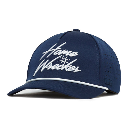 The Home Wrecker - Performance Golf Rope Hat is a navy blue snapback with white “Home Wrecker” cursive embroidery, crack design, and rope detail. Made from sweat-stain resistant material, it features a curved brim with white trim and side vents.