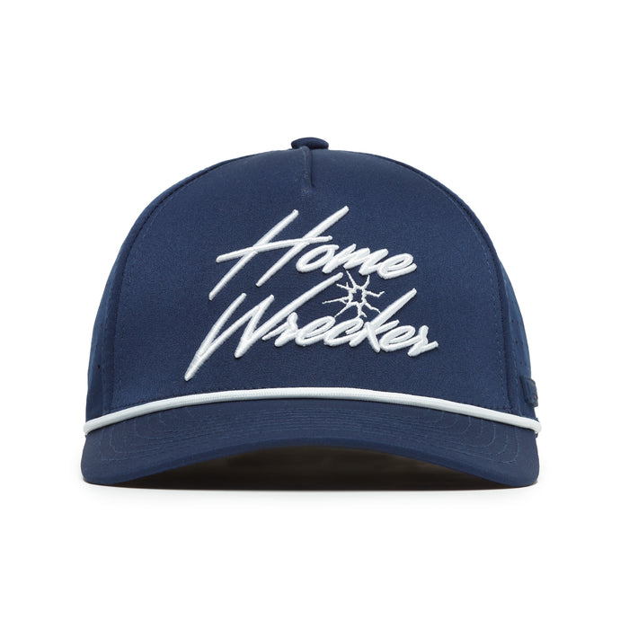 The Home Wrecker - Performance Golf Rope Hat is a navy snapback with "Home Wrecker" embroidered in bold white script, sweat stain resistant material, crack effect, rope detail, and a brim trimmed in white.
