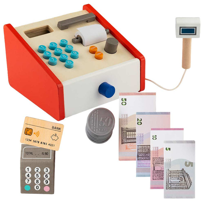 Toy cash register with money and calculator on a white background