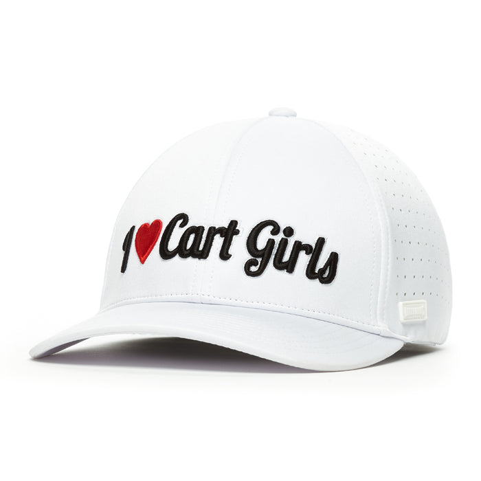 The I Heart Cart Girls - Performance Golf Hat - Stretch Fit is a white cap with perforated sides, crafted from performance fabric. It has a curved brim, structured modern fit, and "I ♥ Cart Girls" embroidered in black with a red heart on the front.