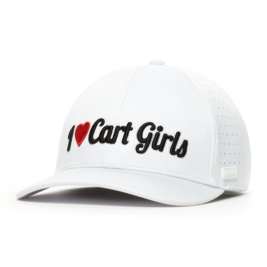 The I Heart Cart Girls - Performance Golf Hat - Stretch Fit is a white cap with perforated sides, crafted from performance fabric. It has a curved brim, structured modern fit, and "I ♥ Cart Girls" embroidered in black with a red heart on the front.