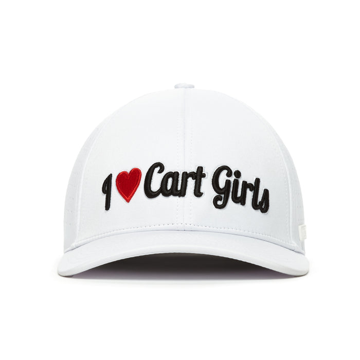 The I Heart Cart Girls - Performance Golf Hat - Stretch Fit features "I ♥ Cart Girls" embroidered in black with a red heart on the white front. Made from performance material, it's shown front-facing against a white background.