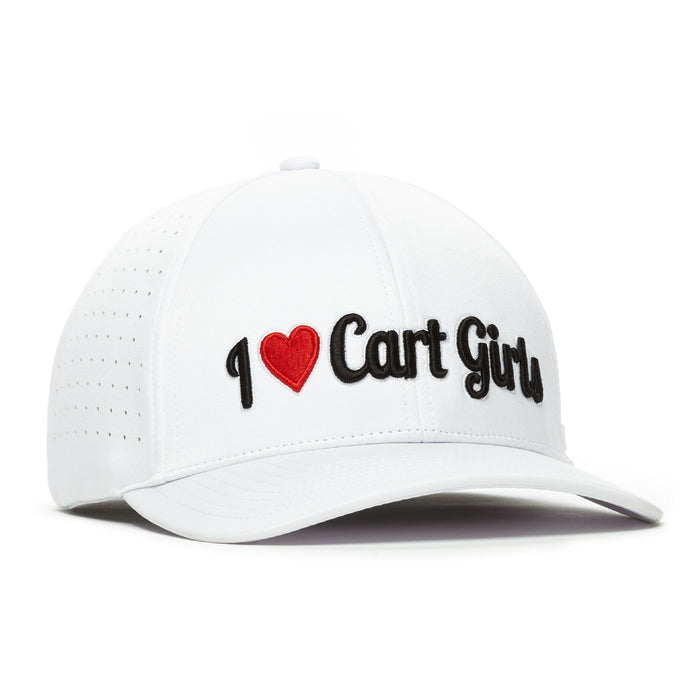 The I Heart Cart Girls - Performance Golf Hat - Stretch Fit is a white cap with perforated side panels, bold “I ♥ Cart Girls” text on the front, a curved brim, structured crown, and sweat stain resistant performance material.