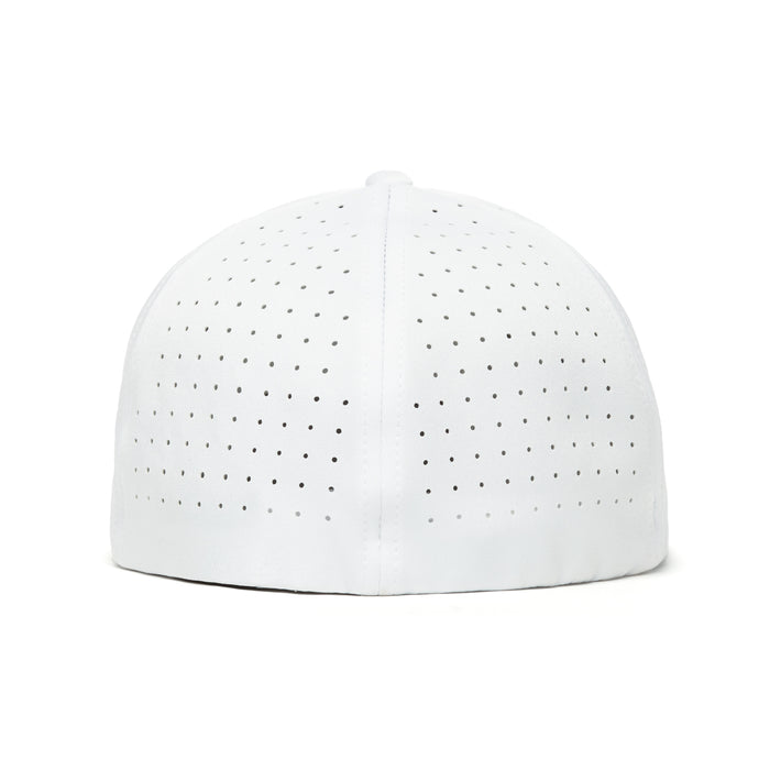 The I Heart Cart Girls - Performance Golf Hat - Stretch Fit is a white fitted cap, shown from the back, with small ventilating perforations, a smooth finish, and a fabric-covered top button. No logos or visible fasteners are present.