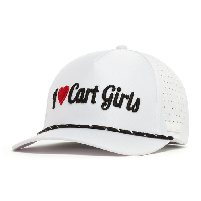 The I Heart Cart Girls - Performance Golf Rope Hat - Snapback is a white hat with black "I [red heart] Cart Girls" embroidery, sweat stain resistant material, side ventilation holes, and a black-and-white rope over the brim.