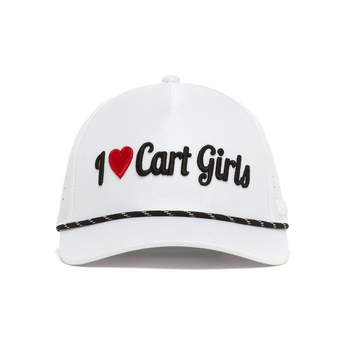 The I Heart Cart Girls - Performance Golf Rope Hat - Snapback is a white cap with "I ♥ Cart Girls" embroidered in black and red, a black-and-white rope above the curved visor, and made from performance material.