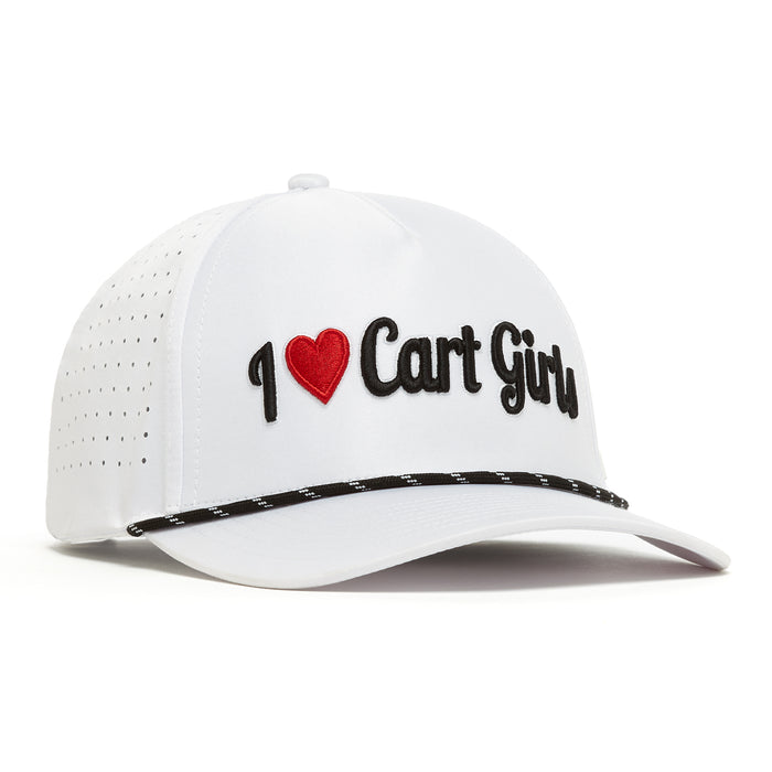 The I Heart Cart Girls - Performance Golf Rope Hat - Snapback is a white cap with black “I ♥ Cart Girls” embroidery (red heart), made from sweat stain resistant material, featuring vent holes, a snapback closure, and a black-and-white rope above the curved brim.