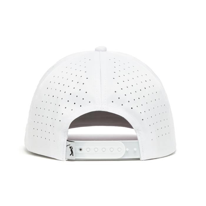 The I Heart Cart Girls Performance Golf Rope Hat is a white snapback cap with ventilation holes, made from sweat stain resistant performance material. It features a white adjustable strap and a brand tag at the back.
