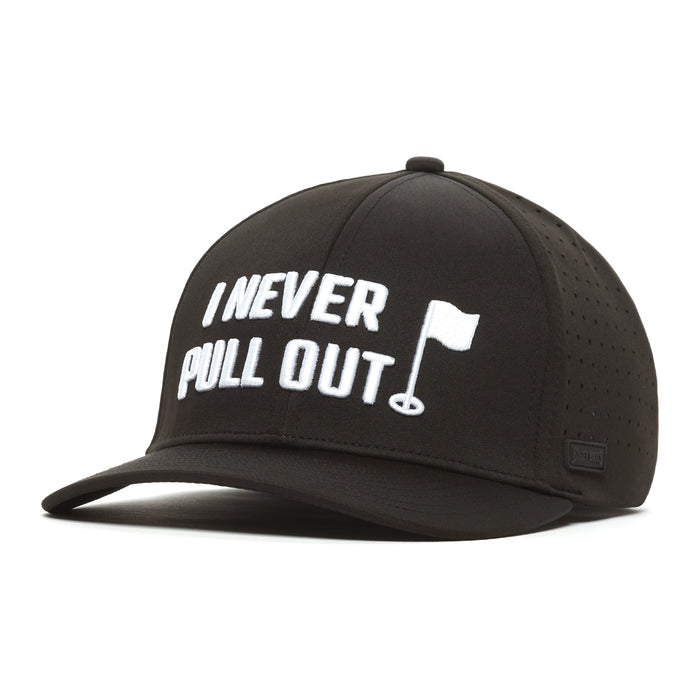 The I Never Pull Out - Performance Golf Hat - Stretch Fit is a black cap with white embroidered "I NEVER PULL OUT" text and a golf flag graphic. It features performance material, a curved brim, perforated sides for ventilation, and a stretchable band.