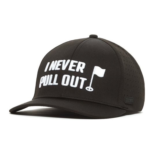 The I Never Pull Out - Performance Golf Hat - Stretch Fit is a black cap with white embroidered "I NEVER PULL OUT" text and a golf flag graphic. It features performance material, a curved brim, perforated sides for ventilation, and a stretchable band.